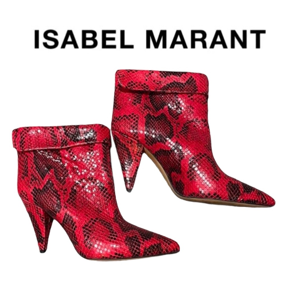 Isabel Marant Red Lisbo Snake-Print Booties Cone Heel Ankle Boots Python Sz 7.5 - Picture 14 of 14